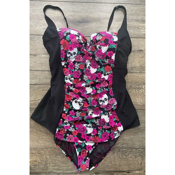 Torrid Other - Torrid Bathing Suit Swim One Piece Black Pink Green Skull Floral Size 2 2X